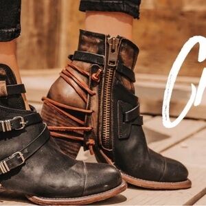 Freebird by Steven Crue Black Leather Ankle Boots Wrap Strap Buckle Women’s 8